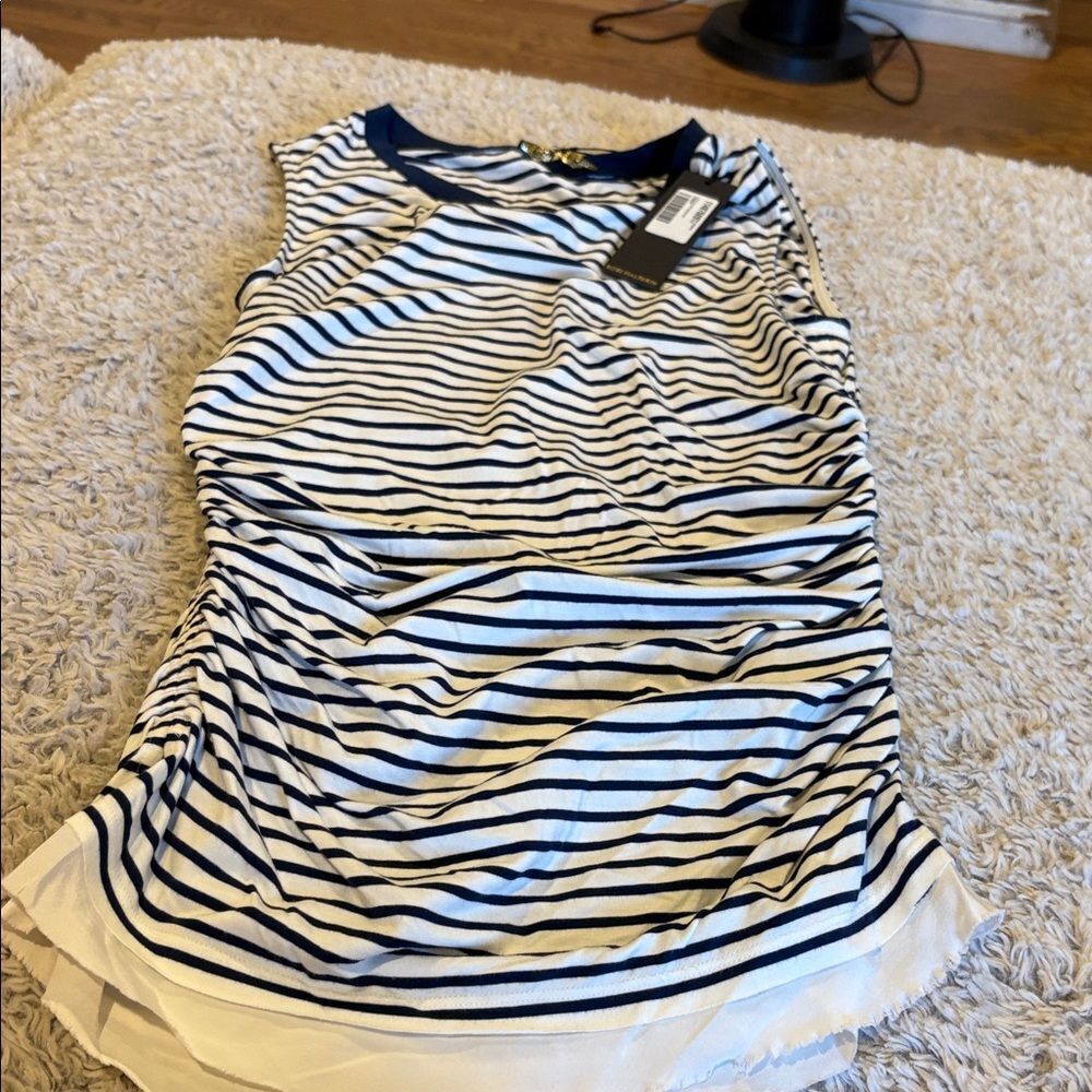 Kobi Halperin Navy and White Striped Sleeveless Blouse